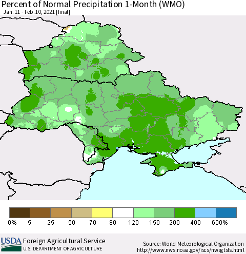Ukraine, Moldova and Belarus Percent of Normal Precipitation 1-Month (WMO) Thematic Map For 1/11/2021 - 2/10/2021