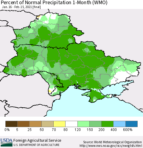 Ukraine, Moldova and Belarus Percent of Normal Precipitation 1-Month (WMO) Thematic Map For 1/16/2021 - 2/15/2021