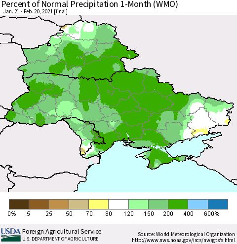 Ukraine, Moldova and Belarus Percent of Normal Precipitation 1-Month (WMO) Thematic Map For 1/21/2021 - 2/20/2021