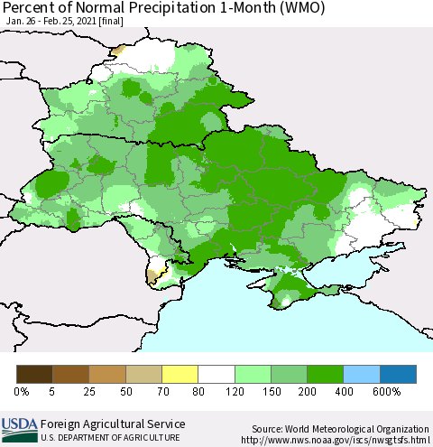Ukraine, Moldova and Belarus Percent of Normal Precipitation 1-Month (WMO) Thematic Map For 1/26/2021 - 2/25/2021