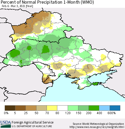 Ukraine, Moldova and Belarus Percent of Normal Precipitation 1-Month (WMO) Thematic Map For 2/6/2021 - 3/5/2021