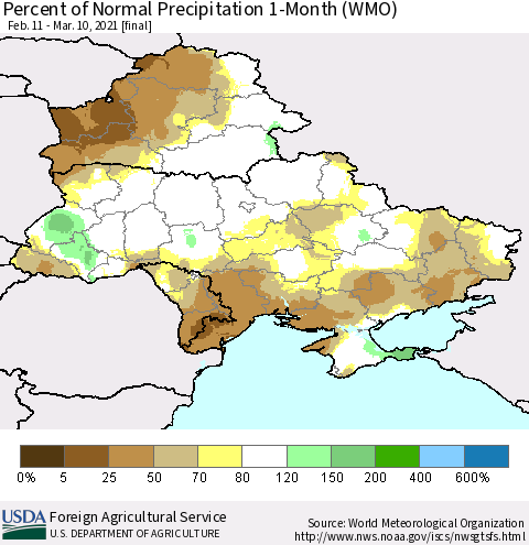 Ukraine, Moldova and Belarus Percent of Normal Precipitation 1-Month (WMO) Thematic Map For 2/11/2021 - 3/10/2021