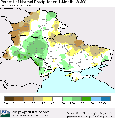 Ukraine, Moldova and Belarus Percent of Normal Precipitation 1-Month (WMO) Thematic Map For 2/21/2021 - 3/20/2021
