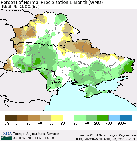 Ukraine, Moldova and Belarus Percent of Normal Precipitation 1-Month (WMO) Thematic Map For 2/26/2021 - 3/25/2021