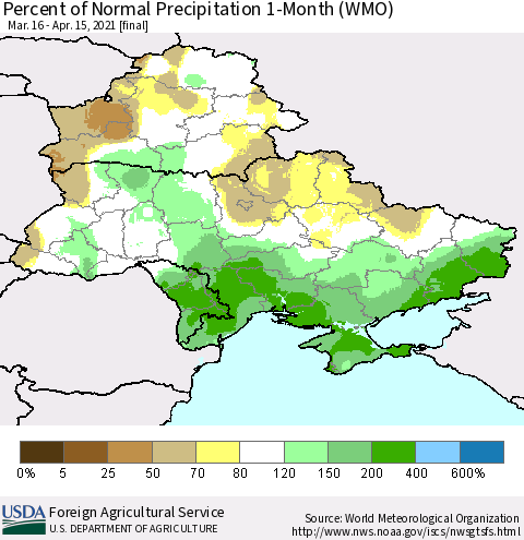 Ukraine, Moldova and Belarus Percent of Normal Precipitation 1-Month (WMO) Thematic Map For 3/16/2021 - 4/15/2021