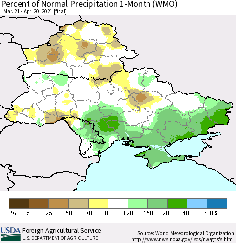 Ukraine, Moldova and Belarus Percent of Normal Precipitation 1-Month (WMO) Thematic Map For 3/21/2021 - 4/20/2021