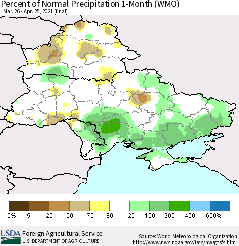 Ukraine, Moldova and Belarus Percent of Normal Precipitation 1-Month (WMO) Thematic Map For 3/26/2021 - 4/25/2021