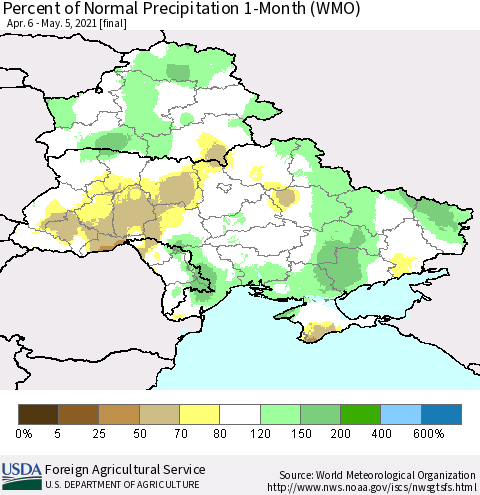 Ukraine, Moldova and Belarus Percent of Normal Precipitation 1-Month (WMO) Thematic Map For 4/6/2021 - 5/5/2021