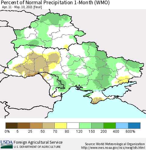 Ukraine, Moldova and Belarus Percent of Normal Precipitation 1-Month (WMO) Thematic Map For 4/11/2021 - 5/10/2021