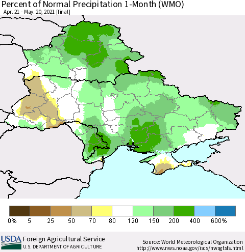 Ukraine, Moldova and Belarus Percent of Normal Precipitation 1-Month (WMO) Thematic Map For 4/21/2021 - 5/20/2021