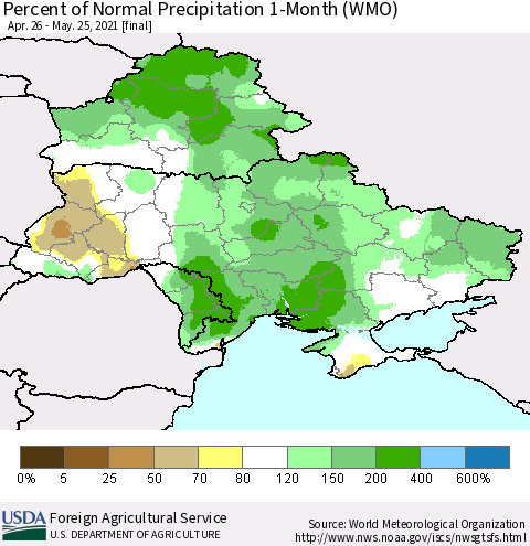 Ukraine, Moldova and Belarus Percent of Normal Precipitation 1-Month (WMO) Thematic Map For 4/26/2021 - 5/25/2021
