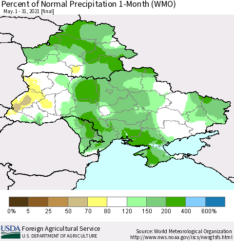 Ukraine, Moldova and Belarus Percent of Normal Precipitation 1-Month (WMO) Thematic Map For 5/1/2021 - 5/31/2021