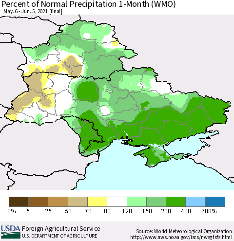 Ukraine, Moldova and Belarus Percent of Normal Precipitation 1-Month (WMO) Thematic Map For 5/6/2021 - 6/5/2021