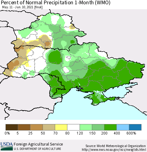 Ukraine, Moldova and Belarus Percent of Normal Precipitation 1-Month (WMO) Thematic Map For 5/11/2021 - 6/10/2021