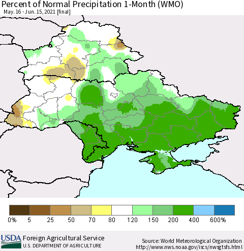 Ukraine, Moldova and Belarus Percent of Normal Precipitation 1-Month (WMO) Thematic Map For 5/16/2021 - 6/15/2021