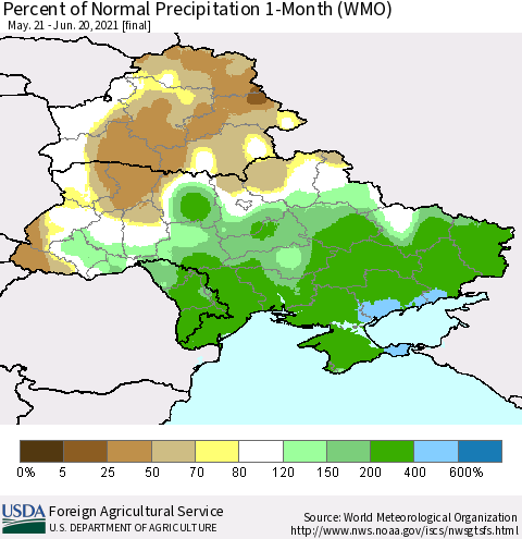 Ukraine, Moldova and Belarus Percent of Normal Precipitation 1-Month (WMO) Thematic Map For 5/21/2021 - 6/20/2021