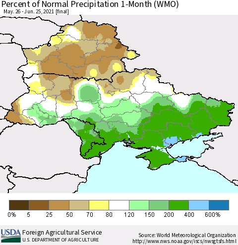 Ukraine, Moldova and Belarus Percent of Normal Precipitation 1-Month (WMO) Thematic Map For 5/26/2021 - 6/25/2021