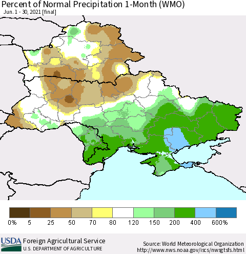 Ukraine, Moldova and Belarus Percent of Normal Precipitation 1-Month (WMO) Thematic Map For 6/1/2021 - 6/30/2021
