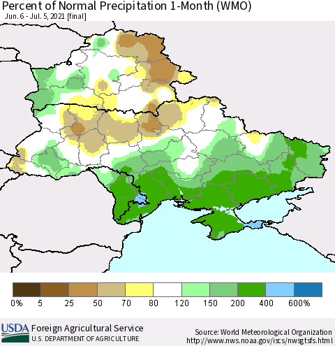 Ukraine, Moldova and Belarus Percent of Normal Precipitation 1-Month (WMO) Thematic Map For 6/6/2021 - 7/5/2021