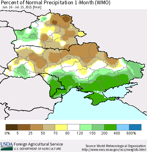 Ukraine, Moldova and Belarus Percent of Normal Precipitation 1-Month (WMO) Thematic Map For 6/16/2021 - 7/15/2021