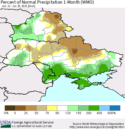 Ukraine, Moldova and Belarus Percent of Normal Precipitation 1-Month (WMO) Thematic Map For 6/21/2021 - 7/20/2021