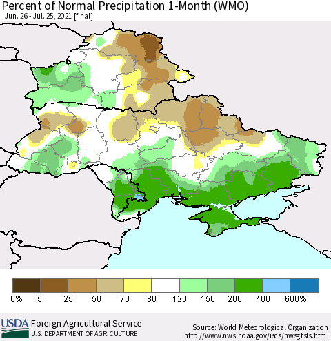 Ukraine, Moldova and Belarus Percent of Normal Precipitation 1-Month (WMO) Thematic Map For 6/26/2021 - 7/25/2021