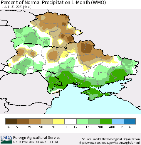 Ukraine, Moldova and Belarus Percent of Normal Precipitation 1-Month (WMO) Thematic Map For 7/1/2021 - 7/31/2021