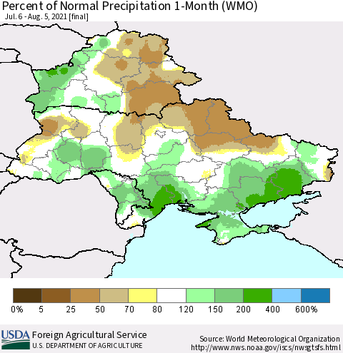 Ukraine, Moldova and Belarus Percent of Normal Precipitation 1-Month (WMO) Thematic Map For 7/6/2021 - 8/5/2021