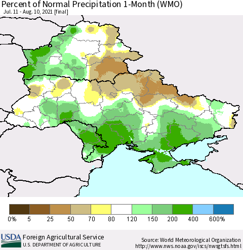 Ukraine, Moldova and Belarus Percent of Normal Precipitation 1-Month (WMO) Thematic Map For 7/11/2021 - 8/10/2021