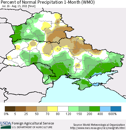 Ukraine, Moldova and Belarus Percent of Normal Precipitation 1-Month (WMO) Thematic Map For 7/16/2021 - 8/15/2021