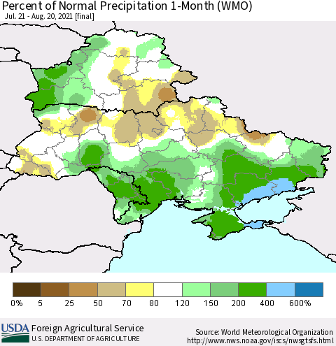 Ukraine, Moldova and Belarus Percent of Normal Precipitation 1-Month (WMO) Thematic Map For 7/21/2021 - 8/20/2021