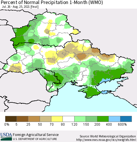 Ukraine, Moldova and Belarus Percent of Normal Precipitation 1-Month (WMO) Thematic Map For 7/26/2021 - 8/25/2021