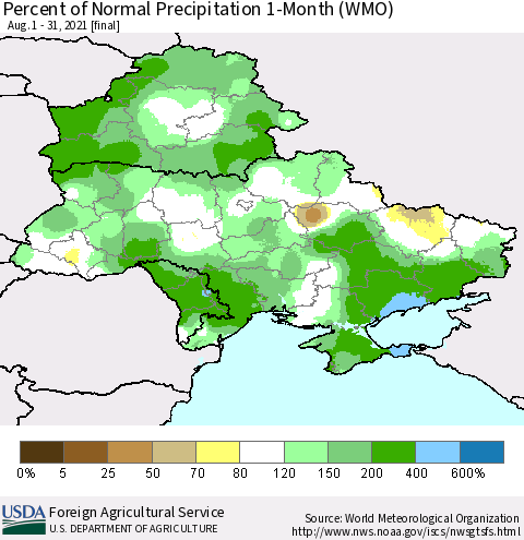 Ukraine, Moldova and Belarus Percent of Normal Precipitation 1-Month (WMO) Thematic Map For 8/1/2021 - 8/31/2021