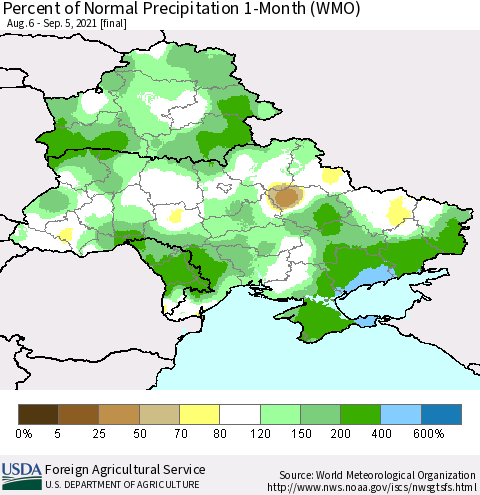 Ukraine, Moldova and Belarus Percent of Normal Precipitation 1-Month (WMO) Thematic Map For 8/6/2021 - 9/5/2021