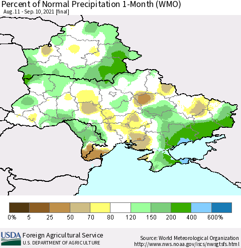 Ukraine, Moldova and Belarus Percent of Normal Precipitation 1-Month (WMO) Thematic Map For 8/11/2021 - 9/10/2021