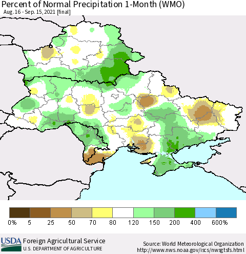 Ukraine, Moldova and Belarus Percent of Normal Precipitation 1-Month (WMO) Thematic Map For 8/16/2021 - 9/15/2021