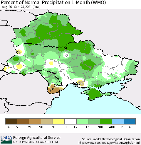 Ukraine, Moldova and Belarus Percent of Normal Precipitation 1-Month (WMO) Thematic Map For 8/26/2021 - 9/25/2021