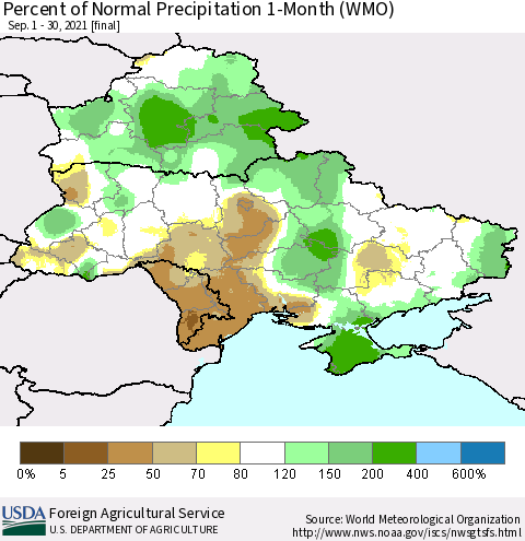 Ukraine, Moldova and Belarus Percent of Normal Precipitation 1-Month (WMO) Thematic Map For 9/1/2021 - 9/30/2021