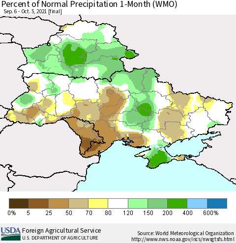 Ukraine, Moldova and Belarus Percent of Normal Precipitation 1-Month (WMO) Thematic Map For 9/6/2021 - 10/5/2021