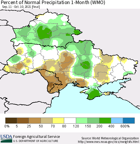 Ukraine, Moldova and Belarus Percent of Normal Precipitation 1-Month (WMO) Thematic Map For 9/11/2021 - 10/10/2021