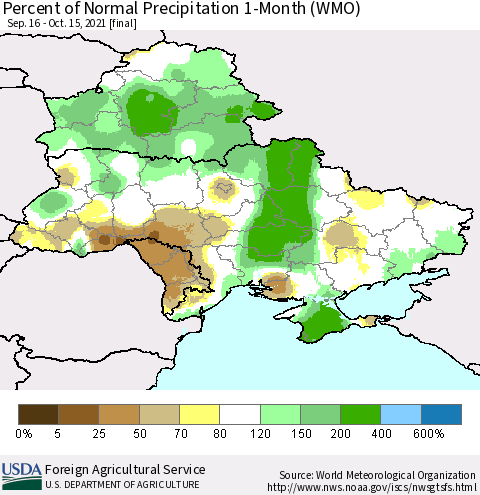 Ukraine, Moldova and Belarus Percent of Normal Precipitation 1-Month (WMO) Thematic Map For 9/16/2021 - 10/15/2021