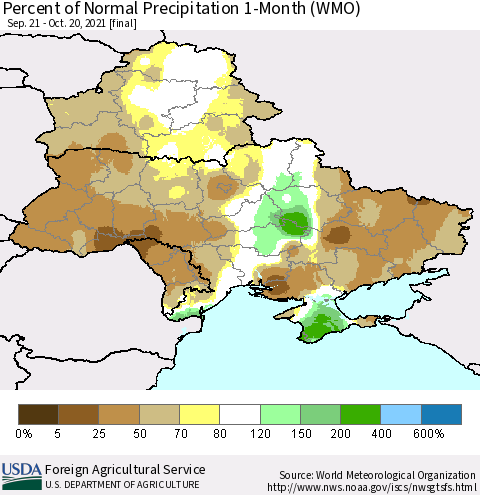 Ukraine, Moldova and Belarus Percent of Normal Precipitation 1-Month (WMO) Thematic Map For 9/21/2021 - 10/20/2021