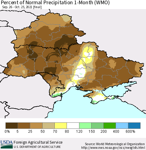 Ukraine, Moldova and Belarus Percent of Normal Precipitation 1-Month (WMO) Thematic Map For 9/26/2021 - 10/25/2021