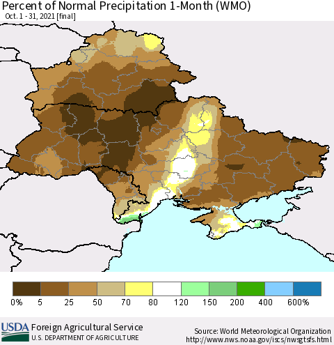 Ukraine, Moldova and Belarus Percent of Normal Precipitation 1-Month (WMO) Thematic Map For 10/1/2021 - 10/31/2021