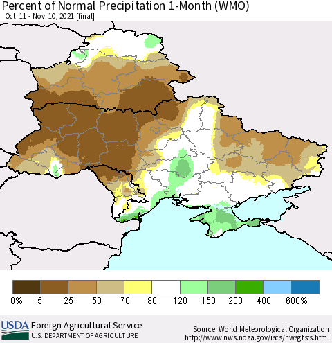 Ukraine, Moldova and Belarus Percent of Normal Precipitation 1-Month (WMO) Thematic Map For 10/11/2021 - 11/10/2021