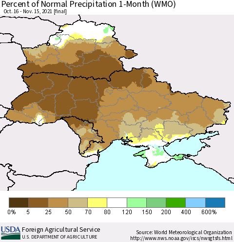 Ukraine, Moldova and Belarus Percent of Normal Precipitation 1-Month (WMO) Thematic Map For 10/16/2021 - 11/15/2021