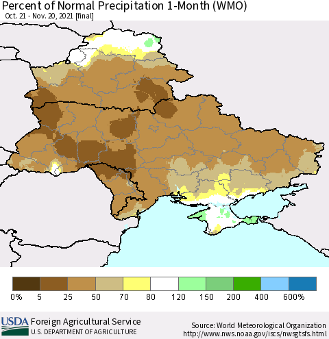 Ukraine, Moldova and Belarus Percent of Normal Precipitation 1-Month (WMO) Thematic Map For 10/21/2021 - 11/20/2021