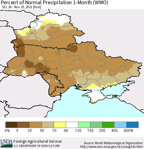 Ukraine, Moldova and Belarus Percent of Normal Precipitation 1-Month (WMO) Thematic Map For 10/26/2021 - 11/25/2021
