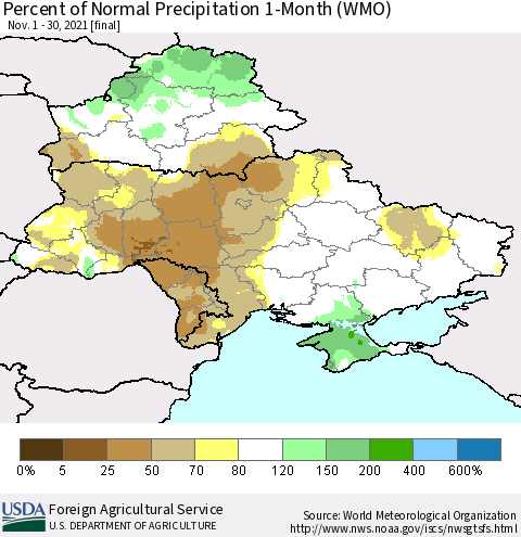 Ukraine, Moldova and Belarus Percent of Normal Precipitation 1-Month (WMO) Thematic Map For 11/1/2021 - 11/30/2021