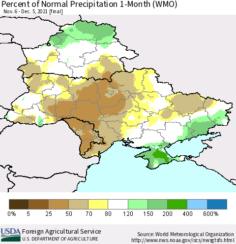 Ukraine, Moldova and Belarus Percent of Normal Precipitation 1-Month (WMO) Thematic Map For 11/6/2021 - 12/5/2021